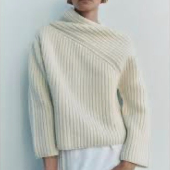 Zara Sweaters - Zara Asymmetrical Soft Beige Ribbed Sweater Wool Blend